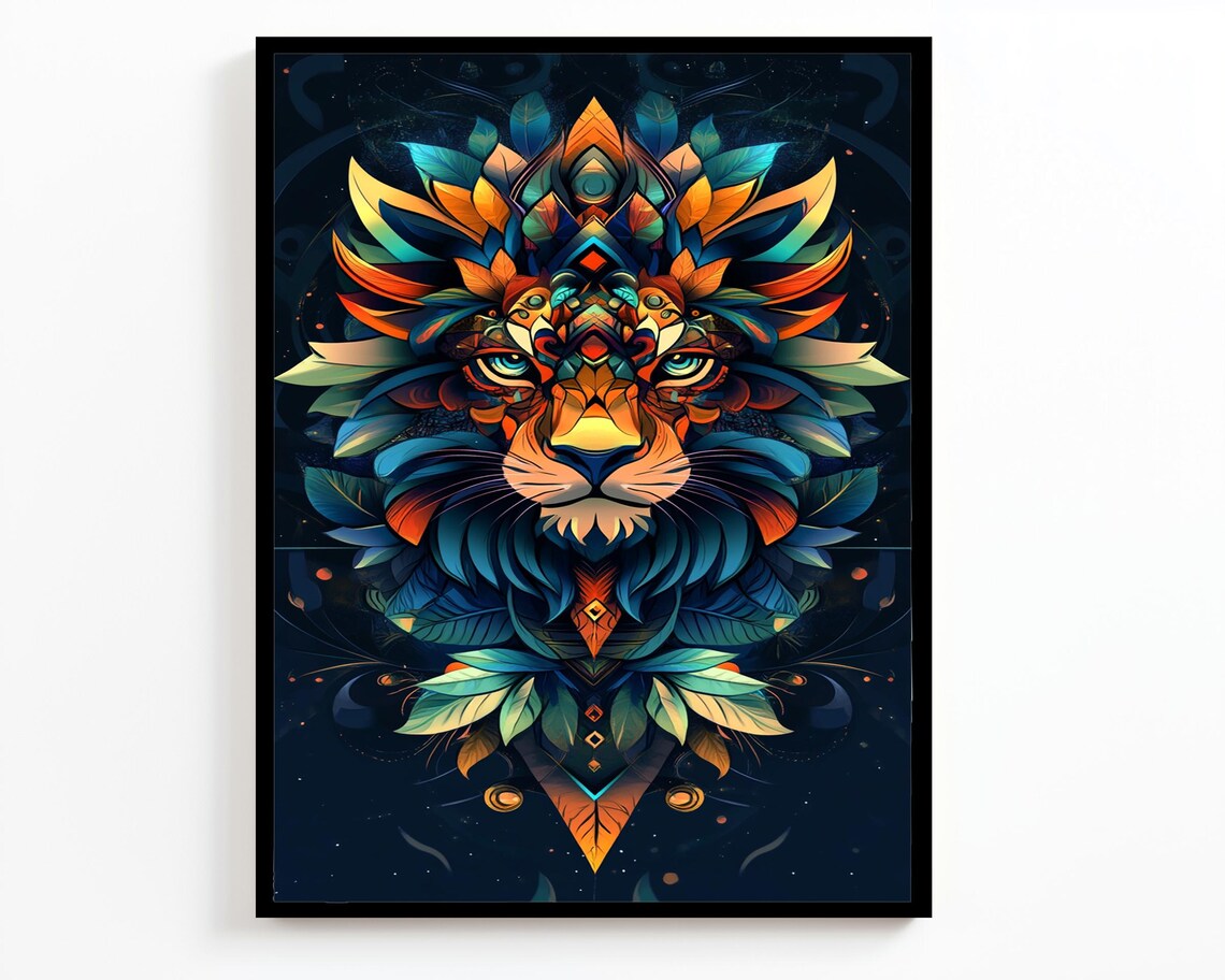 Geometric Lion Head Mandala Teal Orange Symmetrical Abstract Wall Art Poster - Image 2