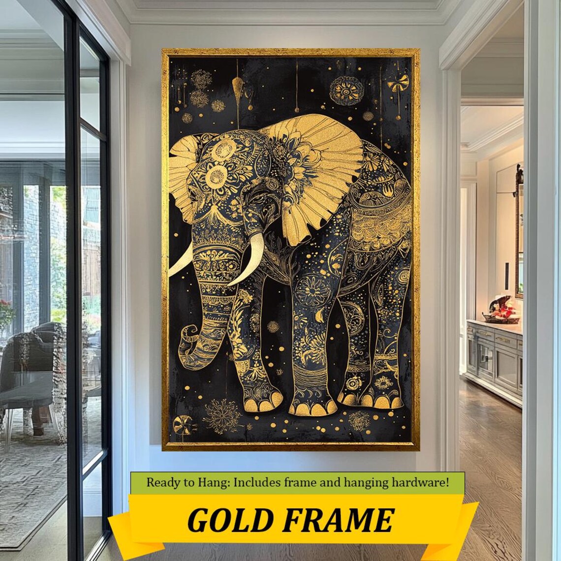 Ornate Gold Elephant Mandala Black Luxury Indian Style Animal Wall Art Poster - Image 3