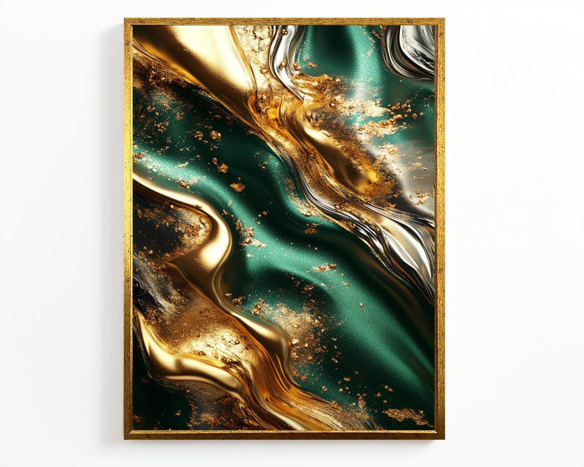 Luxurious Gold Emerald Green Metallic Abstract Swirl Wall Art - Image 2