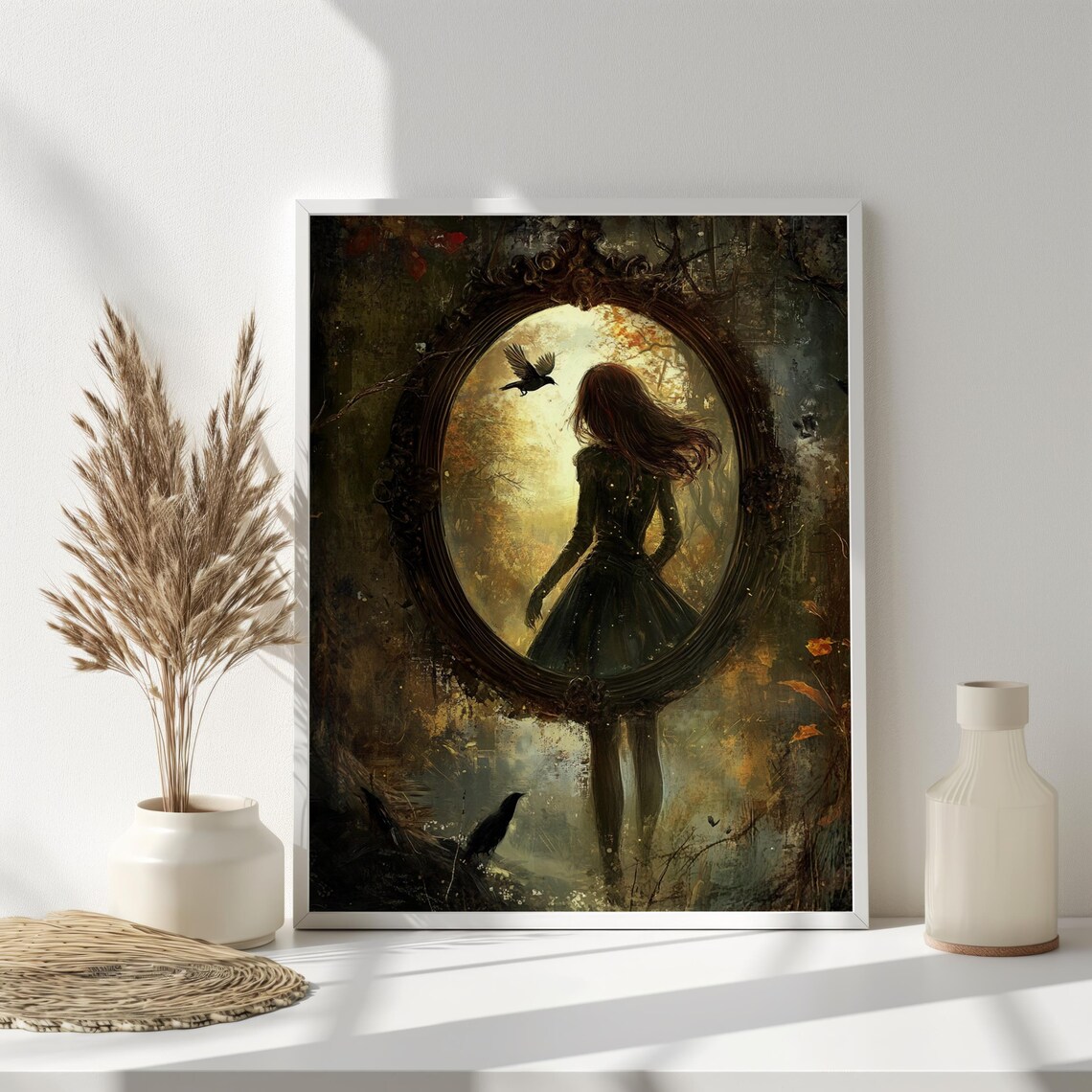 Mystical Mirror Portal Gothic Fantasy Woman Dark Forest Ravens Wall Art - Image 3