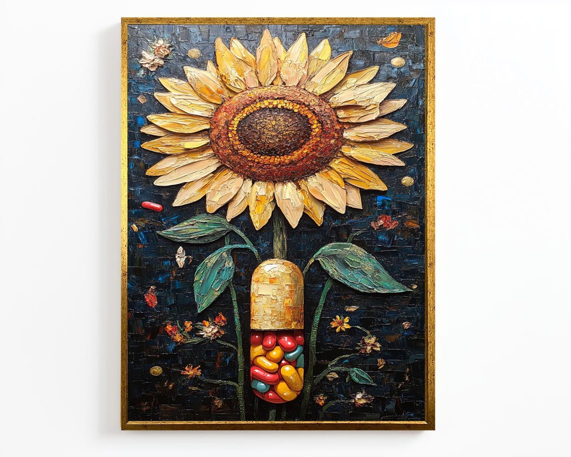 Sunflower Capsule Surreal Textured Impasto Floral Painting Art Poster - Image 2