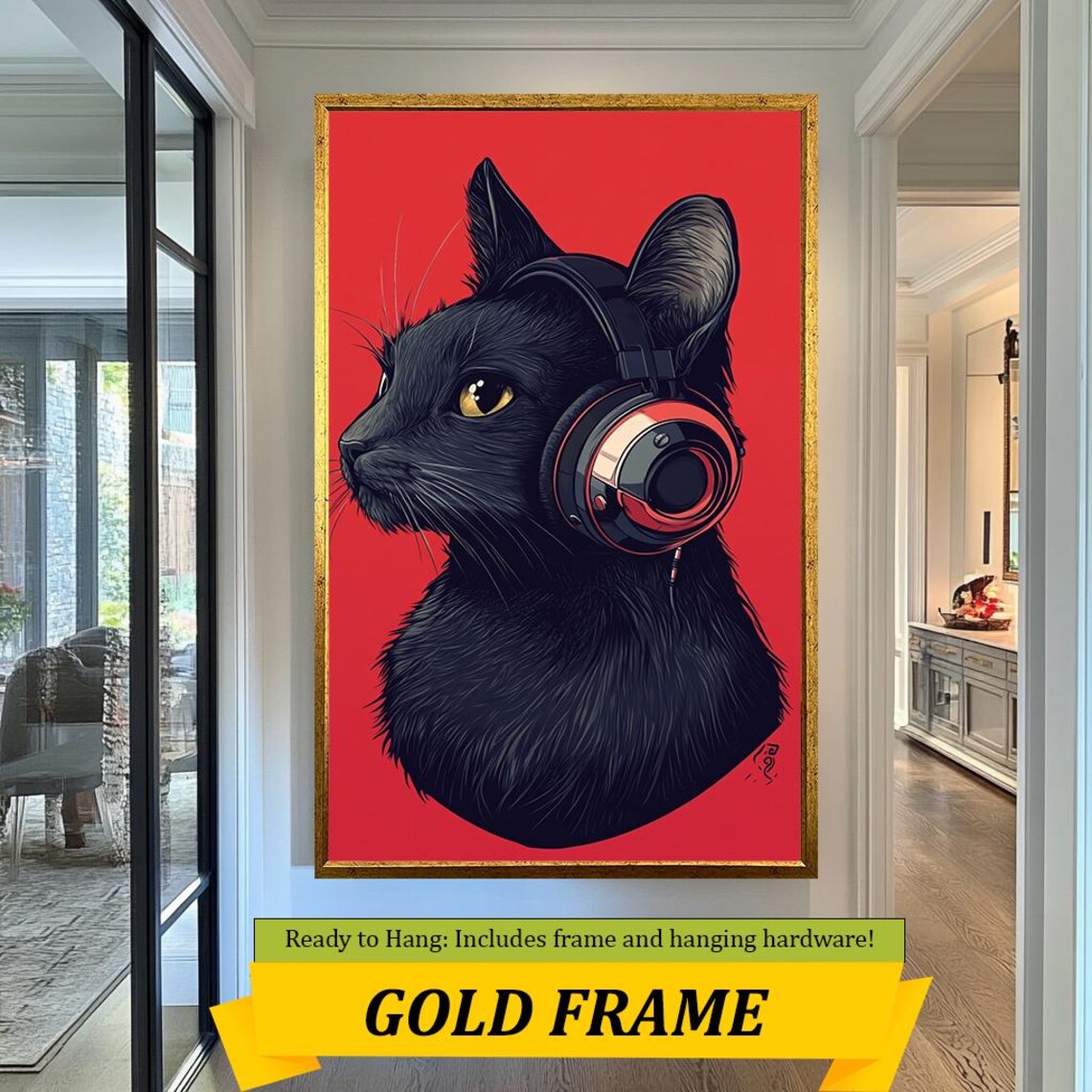 Black Cat With Headphones Bold Red Background Cool Music Wall Art Poster - Image 3