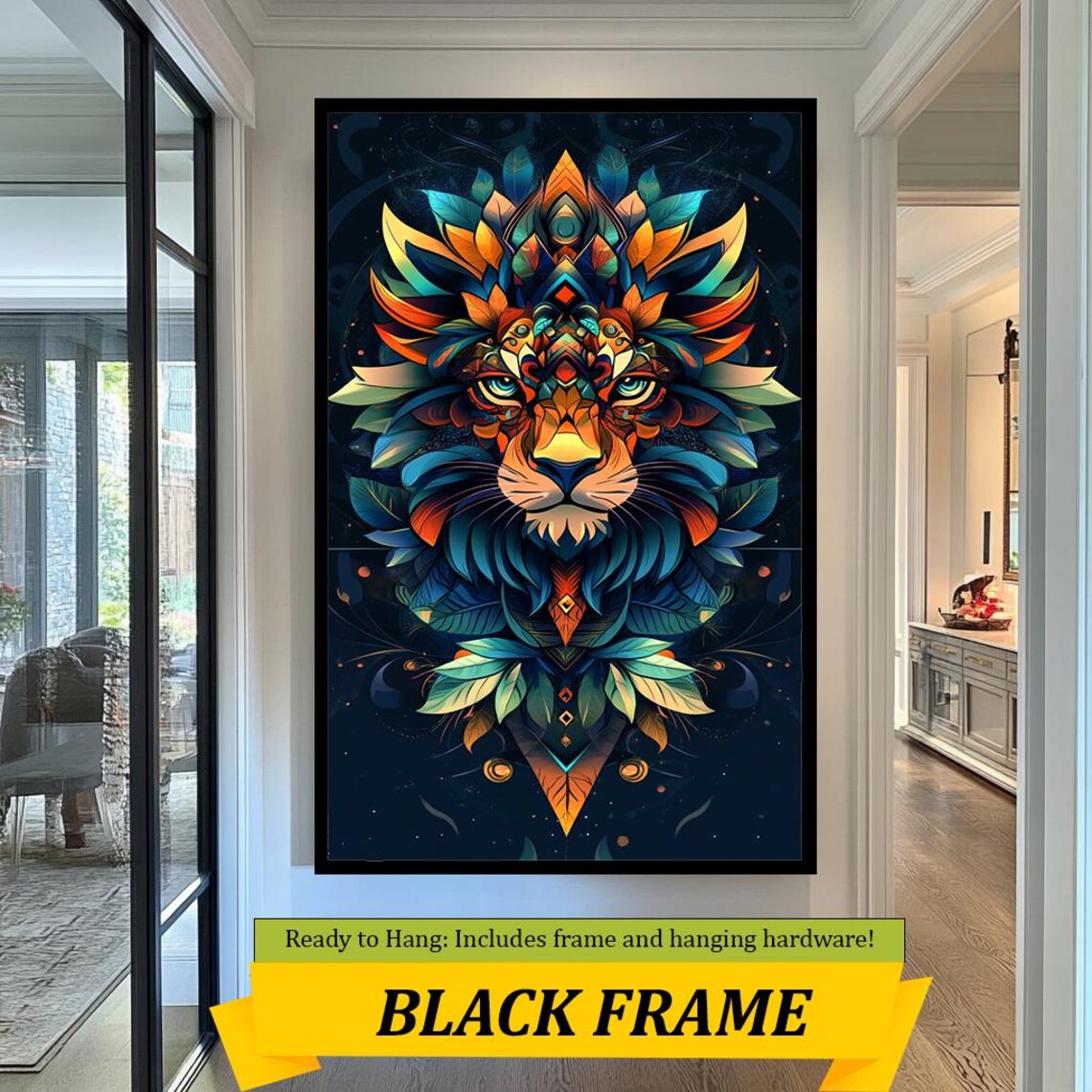 Geometric Lion Head Mandala Teal Orange Symmetrical Abstract Wall Art Poster - Image 3