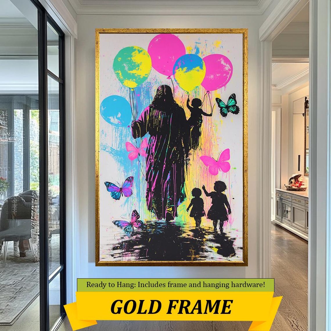 Jesus Silhouette Walking With Children Balloons Butterfly Wall Art - Image 3