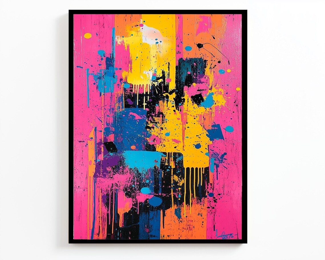 Vibrant Neon Splatter Abstract Pink Yellow Blue Black Painting Art - Image 2