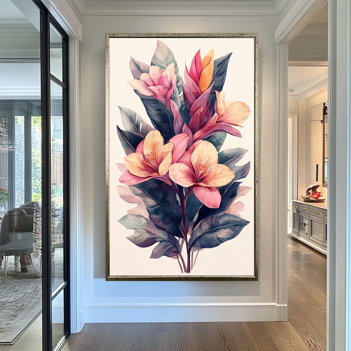 Tropical Pink Hibiscus Watercolor Botanical Dark Leaf Floral Wall Art - Image 2