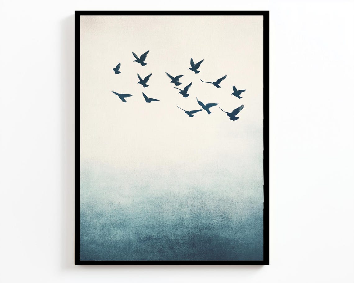 Minimalist Flying Birds Silhouette Teal Ombre Sky Nature Wall Art - Image 2