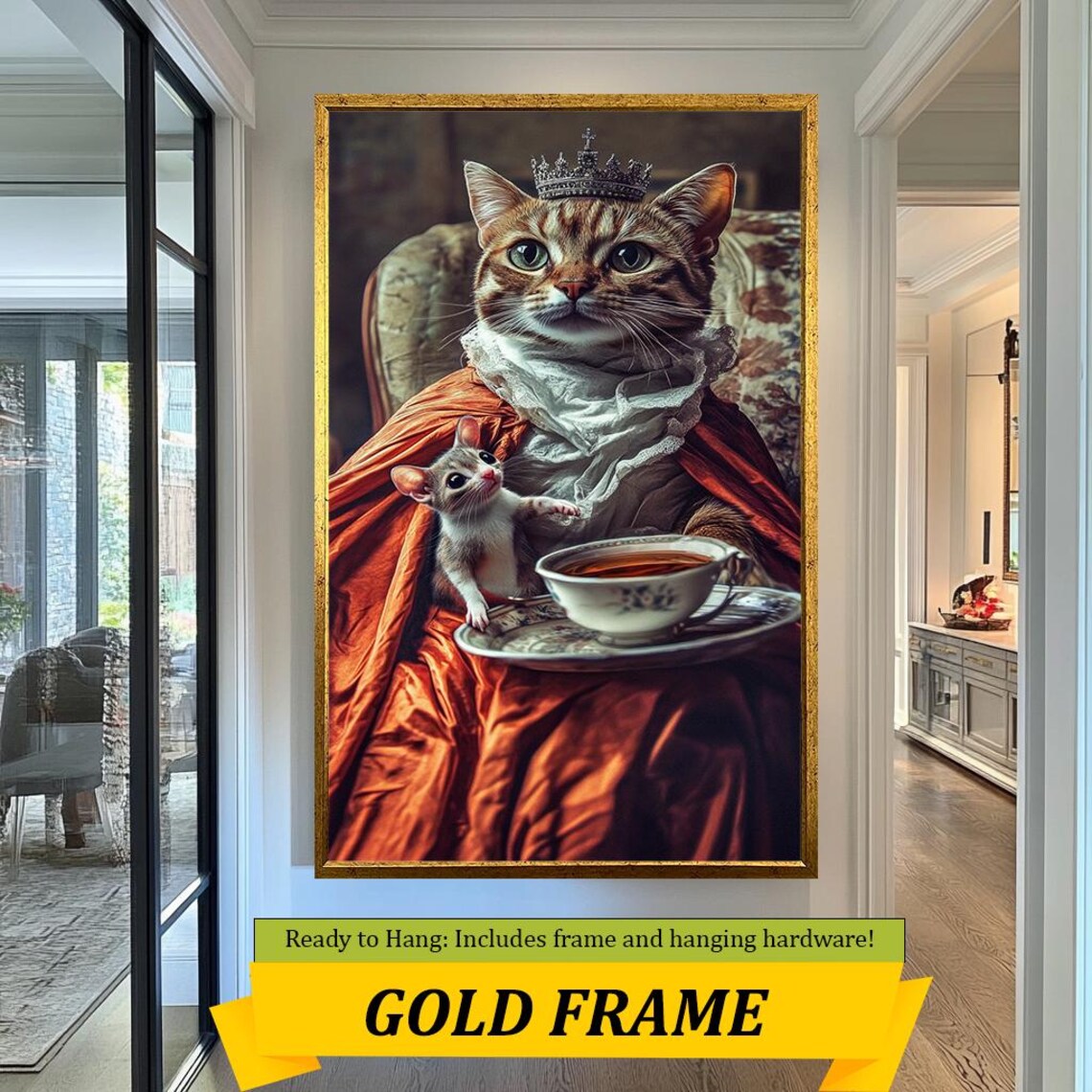 Elegant Crowned Cat Royal Portrait With Mouse Tea Cup Whimsical Wall Art Poster - Image 3