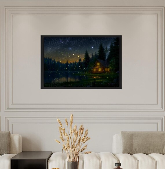 Remote Cabin On The Lake Fireflies And Stars In Forest Moonlight Art Print Celestial Home Wall Decor Gift Present