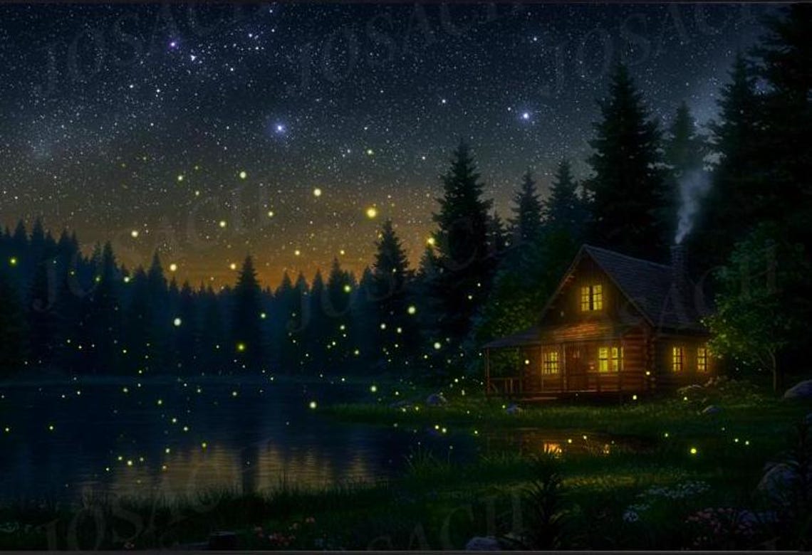 Lakeside Cabin Night Fireflies Stars Starry Forest Retreat Wall Poster - Image 2
