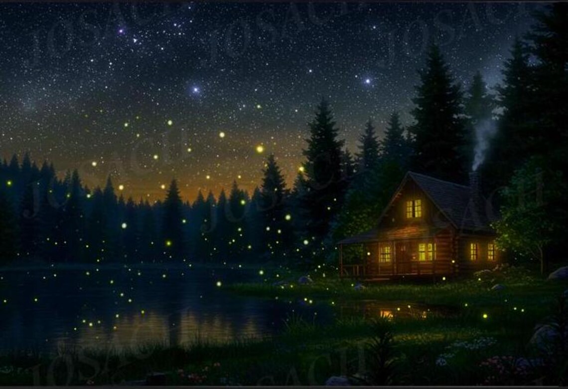 Remote Cabin On The Lake Fireflies And Stars In Forest Moonlight Art Print Celestial Home Wall Decor Gift Present - Image 2