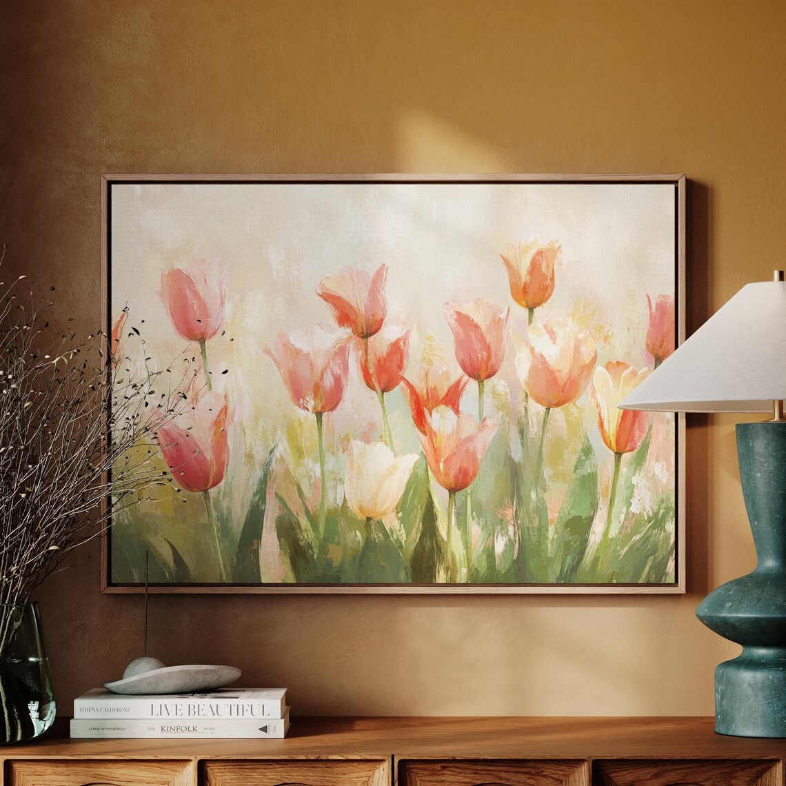 Pink Tulip Field Soft Watercolor Spring Blossom Floral Art Print