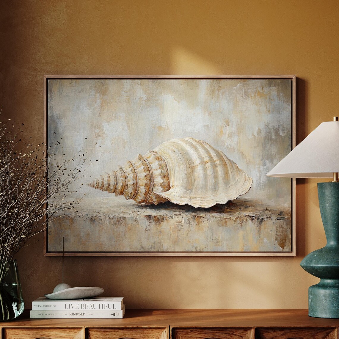 Elegant Oil Painting Of A Spiral Seashell With Neutral Tones On Textured Background