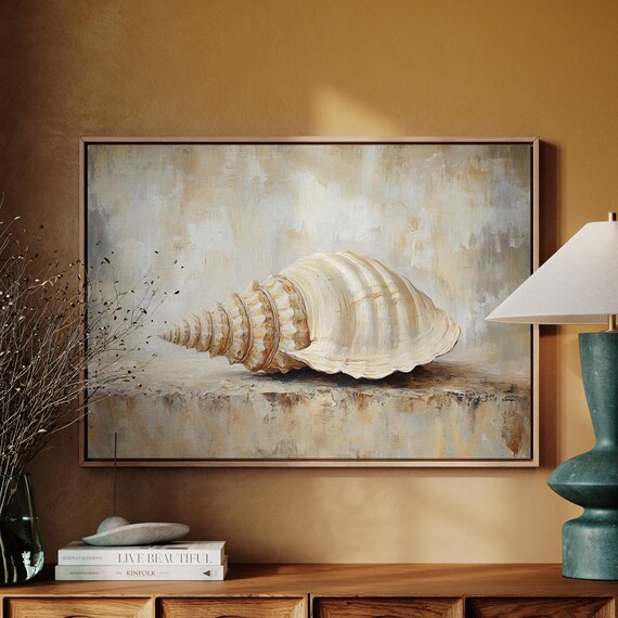 Elegant Oil Painting Of A Spiral Seashell With Neutral Tones On Textured Background