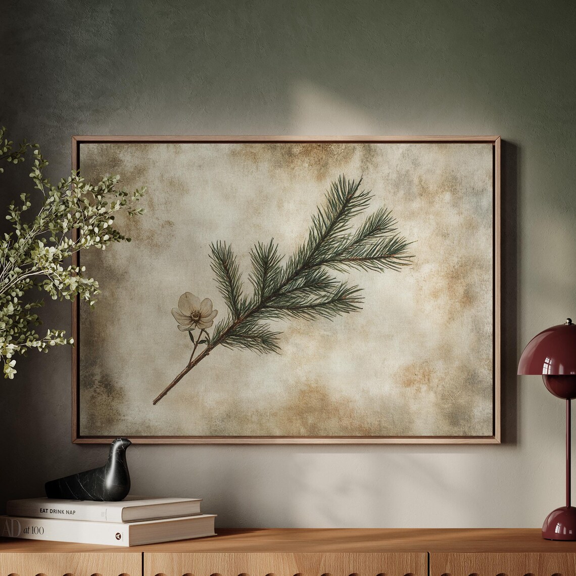 Vintage Botanical Pine Branch With White Flower Aged Paper Print