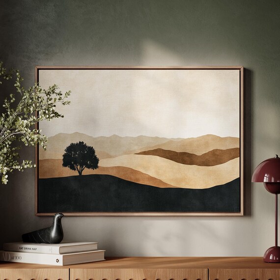 Minimalist Earth Toned Landscape Wall Art Print Serene Hills With Lone Tree Decor