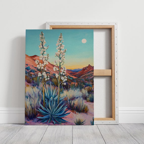 Desert Landscape With Blooming Yucca And Agave At Sunset Print Vibrant Southwestern Painting For Wall Art Decor