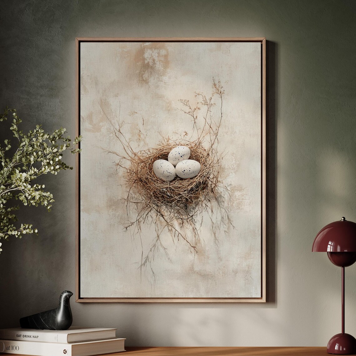 Rustic Bird Nest Painting, Minimalist Wildlife Artwork