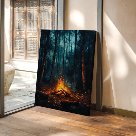 Cozy Campfire Forest Print Moody Night Wilderness Art Rustic Adventure Scene Warm Firelight Glow Outdoor Nature Wall Decor