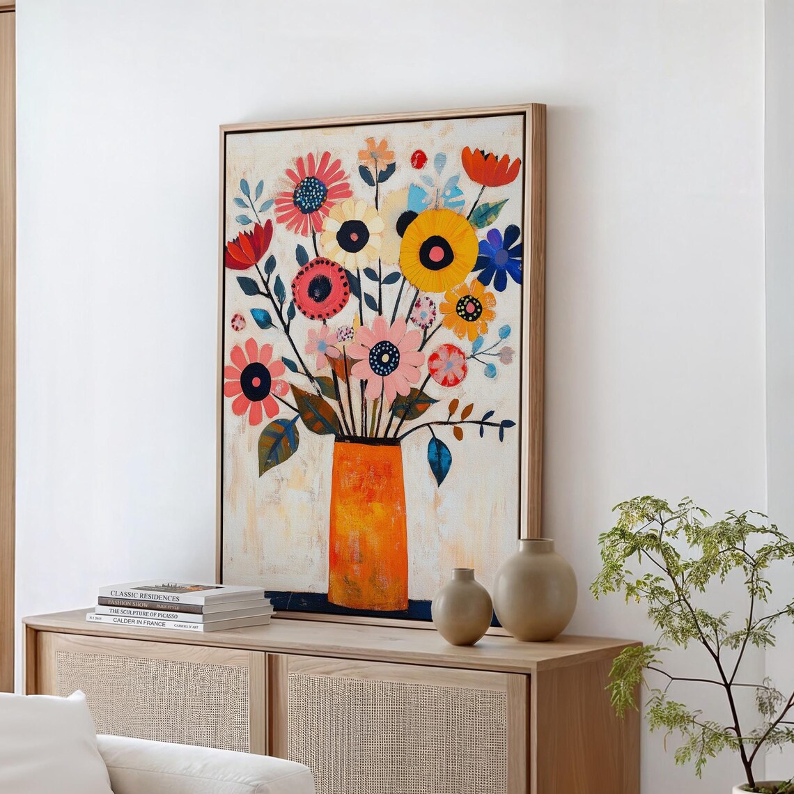 Whimsical Daisy Sunflower Bouquet Orange Vase Folk Art Wall Print