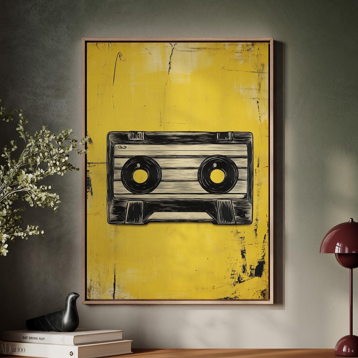 Retro Cassette Tape Illustration Yellow Grunge Music Wall Art Poster