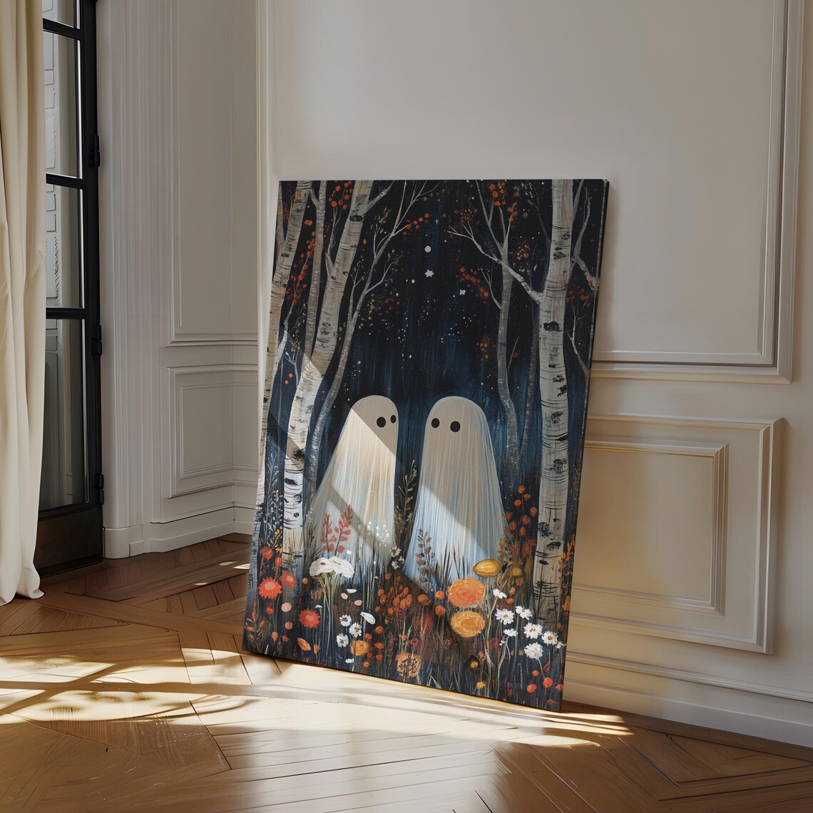Two Friendly Ghosts in Birch Woods Fall Flowers Halloween Wall Print