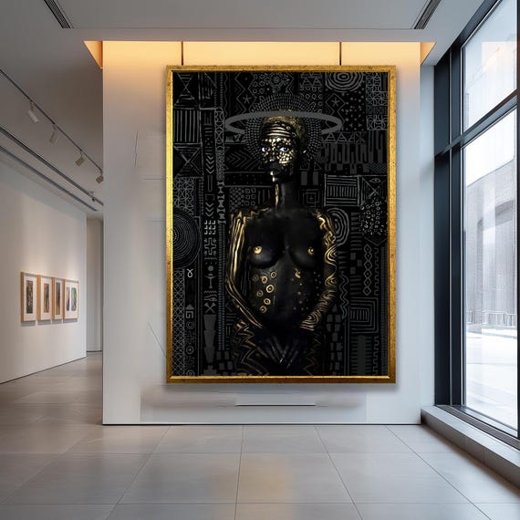 Afrocentric Canvas Wall Art African Woman Tribal Painting In Black And Gold Modern Ethnic Artwork For Home Office Decor