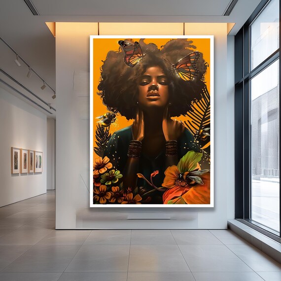 Colorful Afro Woman Canvas Black Female Portrait With Butterflies And Flowers Vibrant Afrocentric Artwork For Living Room