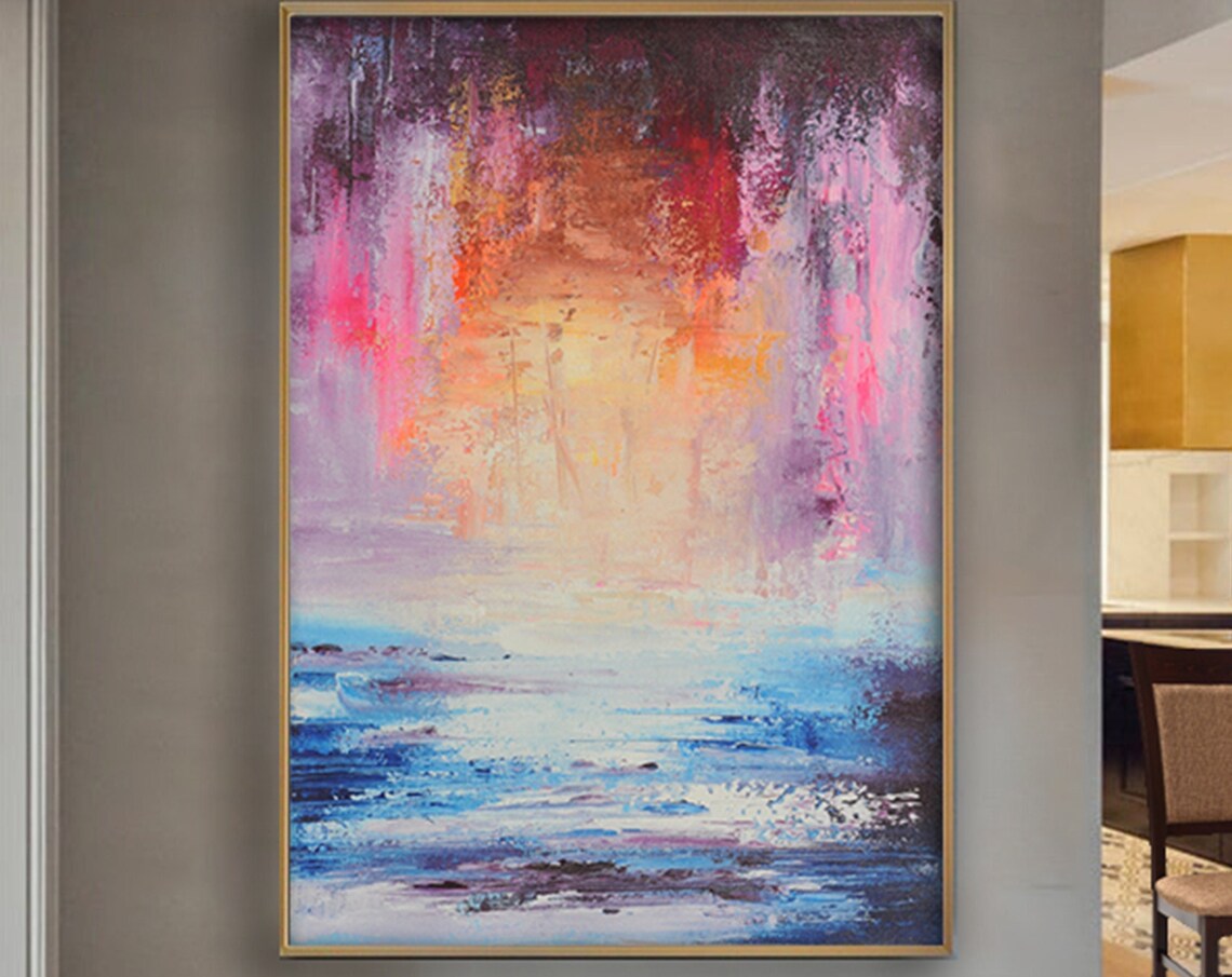 Fiery Pink Sunset Over Blue Sea Abstract Seascape Modern Poster