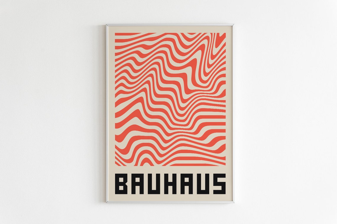 Bold Bauhaus Red Wavy Lines Mid Century Modern Abstract Poster
