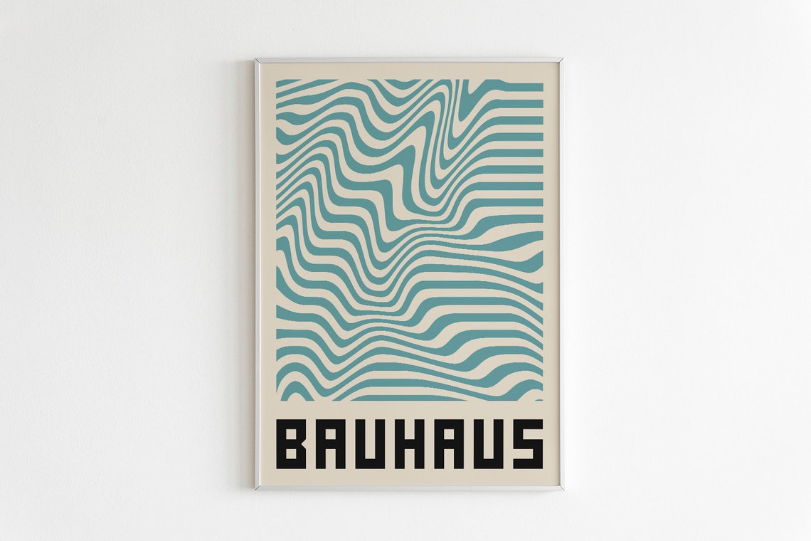 Bauhaus Teal Wavy Lines Optical Retro Abstract Mid Century Art Poster