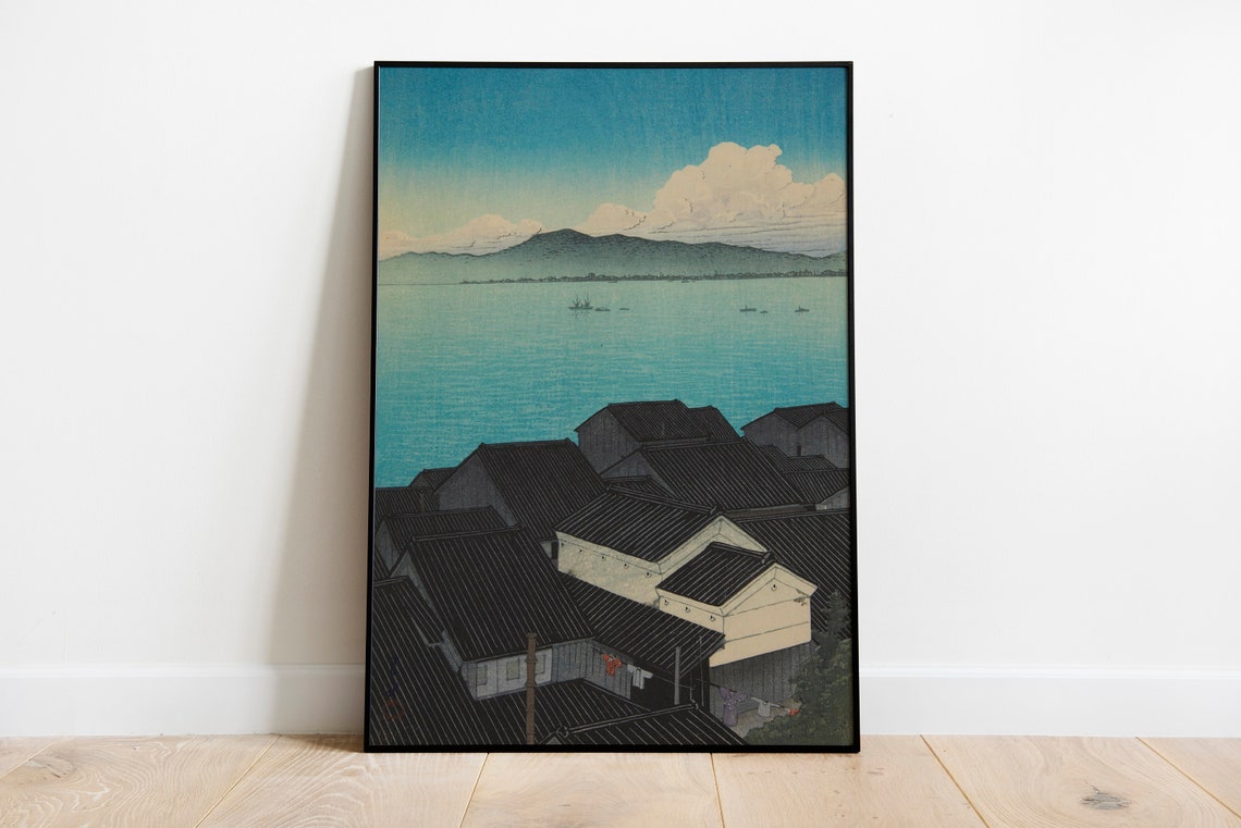 Hasui Kawase Okitsu Cho Suruga 1934 Woodblock Sea Rooftops Art Poster - Image 2