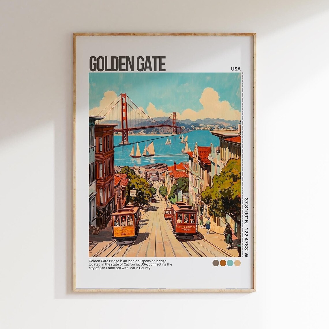 Golden Gate Bridge Cable Cars Hill Retro San Francisco Poster