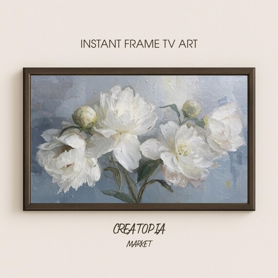 White Peonies On Blue Soft Impasto Floral Textured Blossom Art Print
