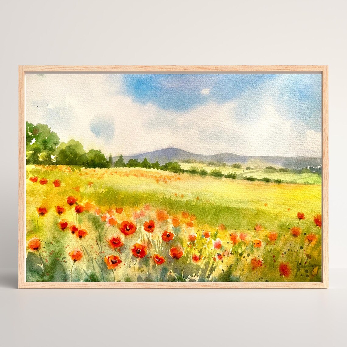Poppy Meadow with Rolling Hills and Blue Sky Watercolor Poster