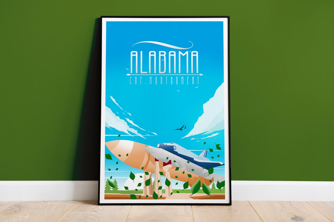 Alabama Montgomery Aviation Rocket Launch Vintage Travel Poster