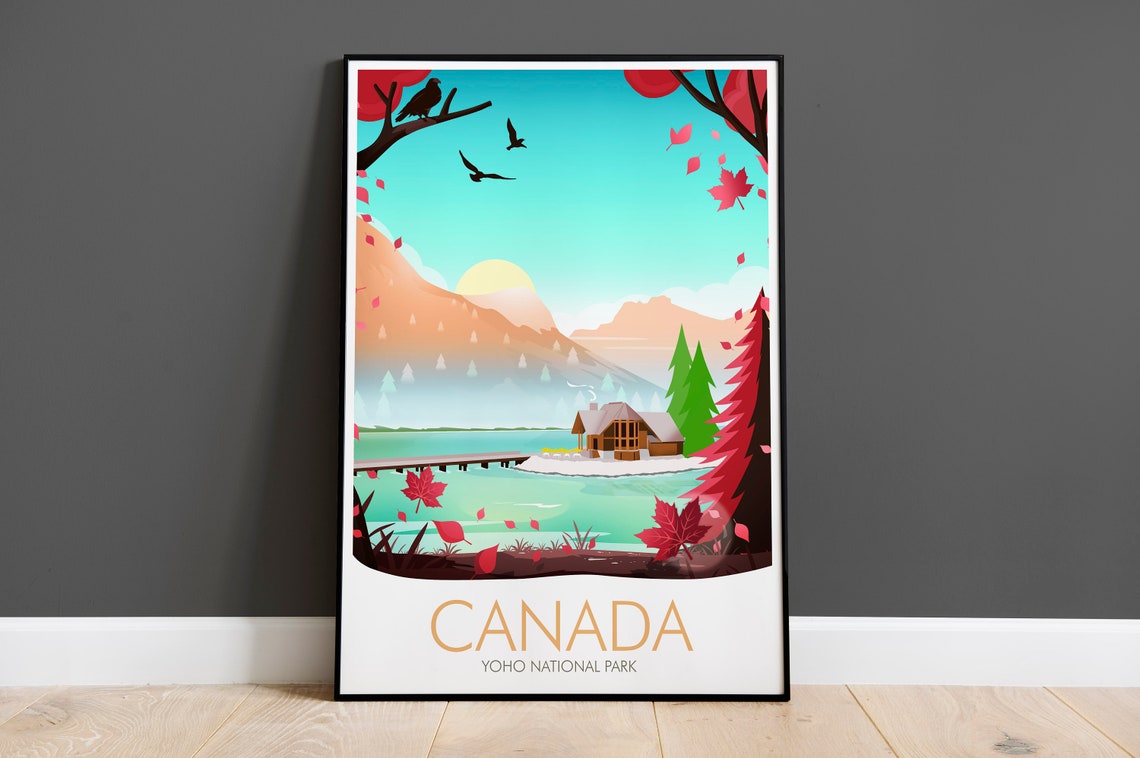 Yoho National Park Canada Autumn Lakeside Cabin Travel Poster