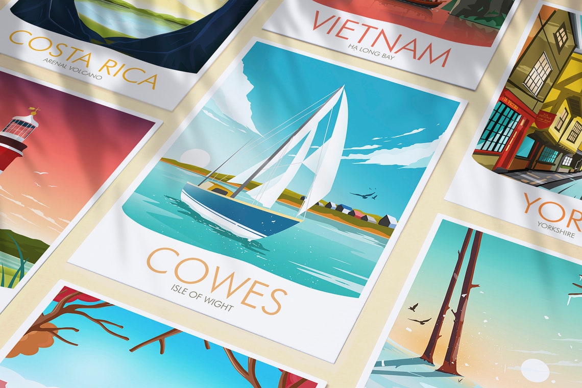 Cowes Isle of Wight Sailboat and Beach Huts Coast View Poster - Image 3