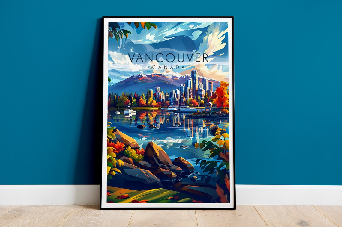 Vancouver Canada Skyline Waterfront Mountains Fall Colors Art Poster
