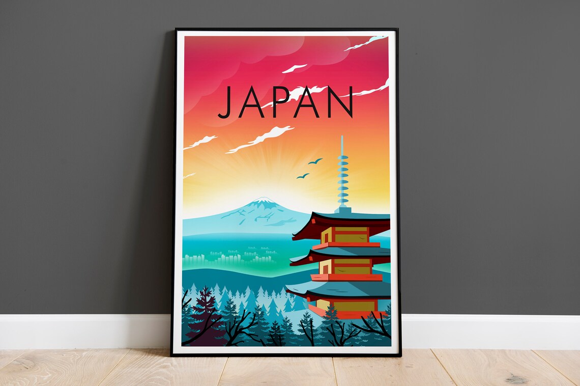 Japan Mount Fuji Pagoda Temple Sunset Colorful Sky Travel Poster