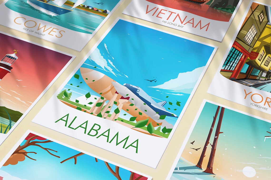 Alabama State Vintage Aircraft Space Center Skyline Travel Poster - Image 3