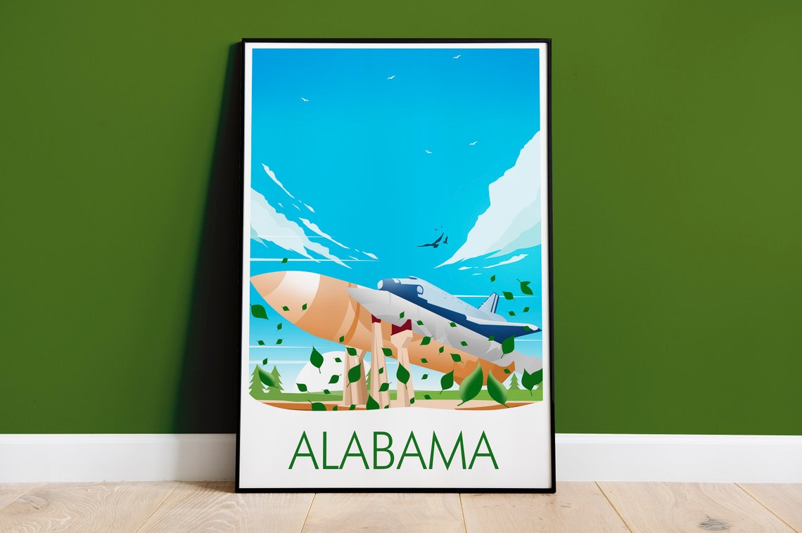 Alabama State Vintage Aircraft Space Center Skyline Travel Poster