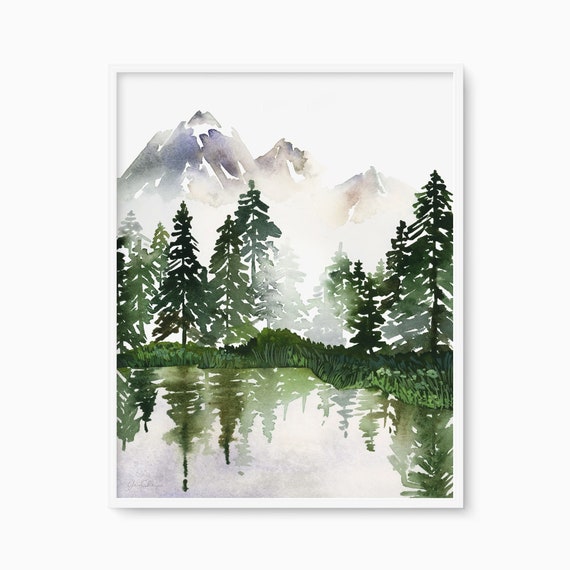 Lake And Evergreen Trees Print Painted National Parks Watercolor Mountain Scene Cabin Decor Outdoors Nature Wall Peaceful