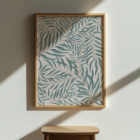 Teal Leaf Branches Pattern Poster Botanical Minimalist Wall Decor Art