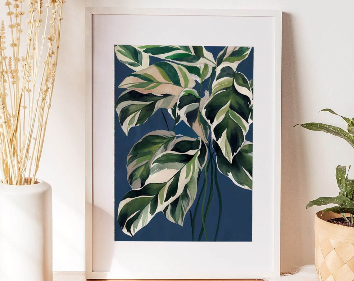 Calathea White Fusion Leaves Navy Botanical Illustration Poster