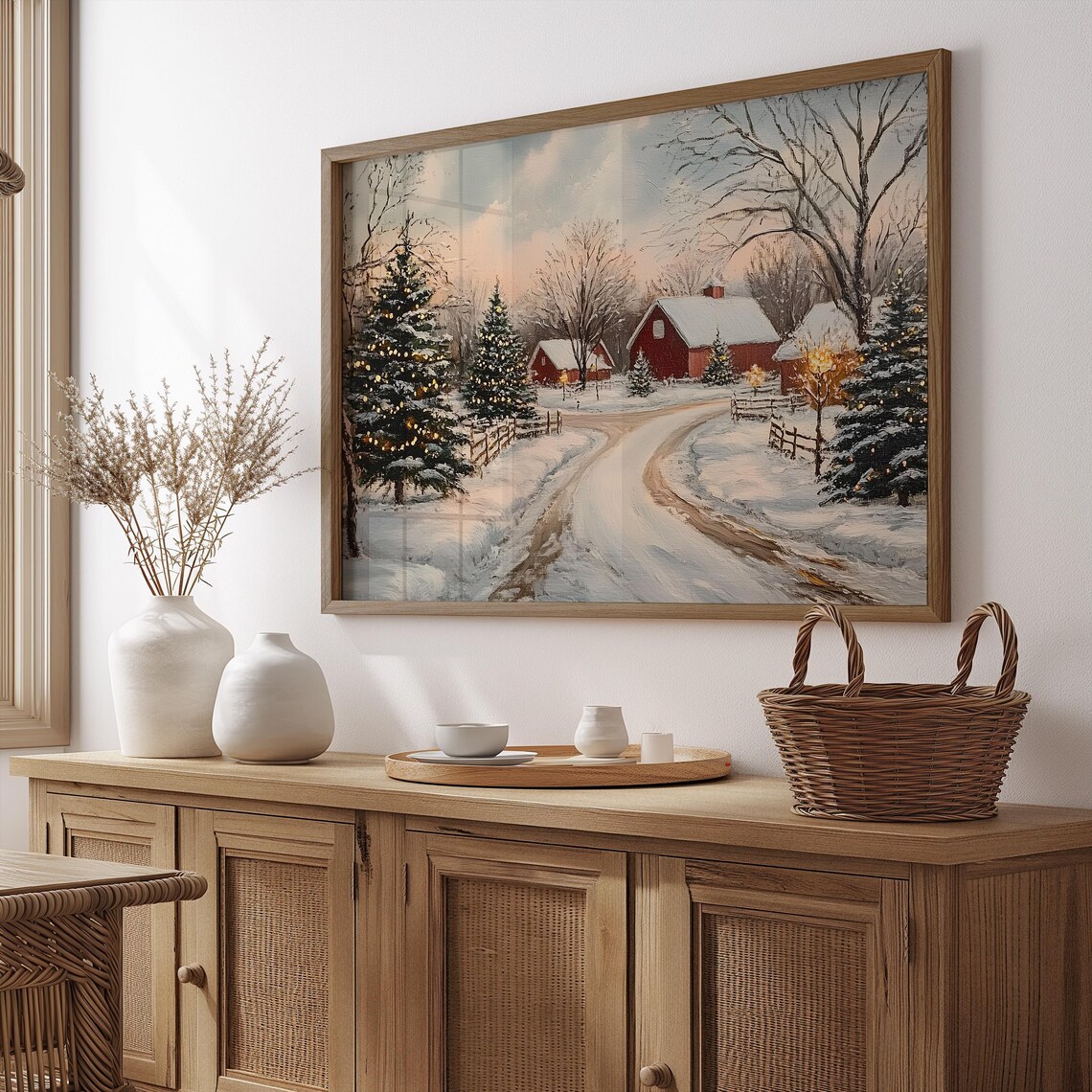 Red Barn Farm At Christmas In Snow With Lit Trees Vintage Art Poster - Image 4