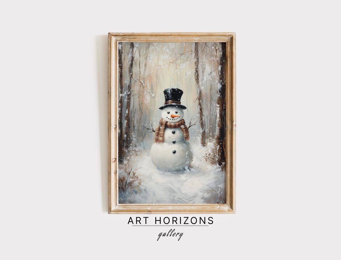 Vintage Snowman Oil Painting Snowy Wall Art Farmhouse Christmas Wall Art Winter Forest Snowman Print Antique Painting A121