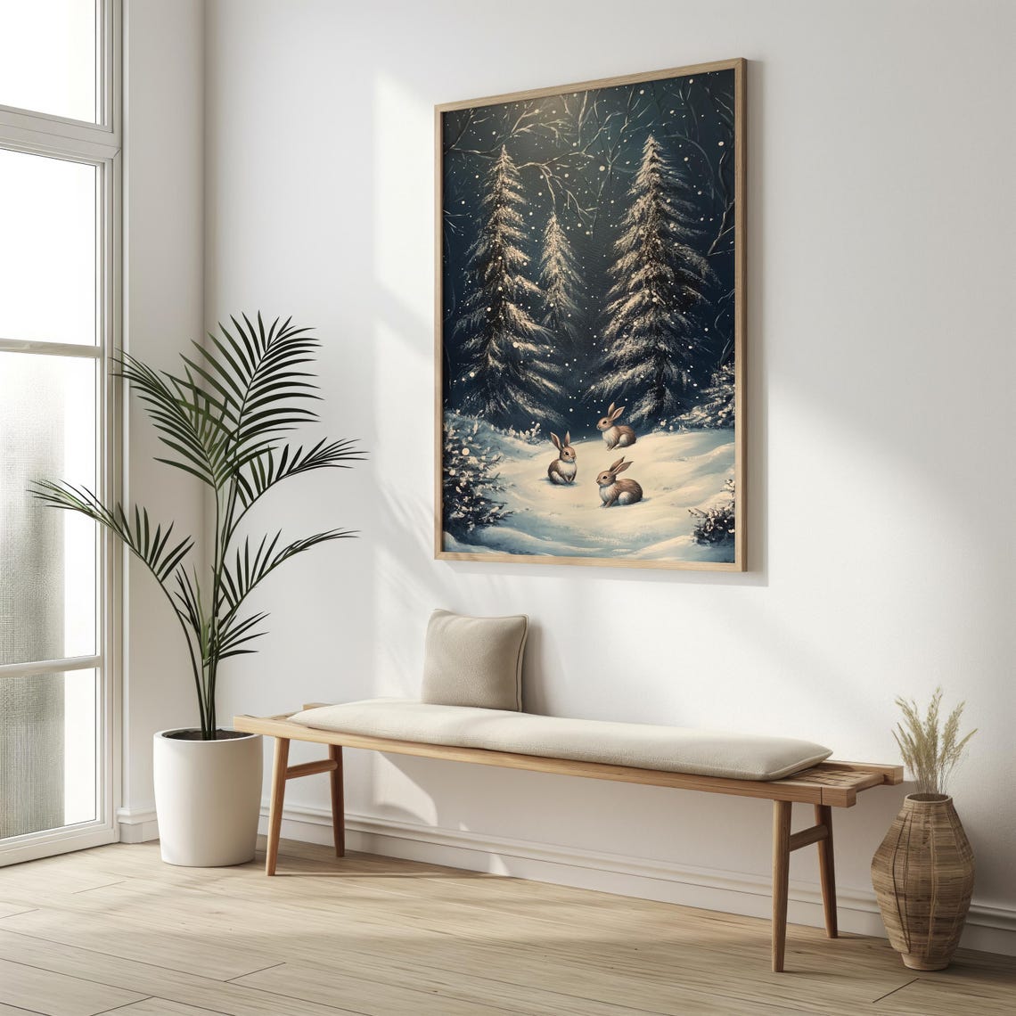 Rabbits Moonlit Snow Forest Night Blue Winter Animal Wall Art Print - Image 4