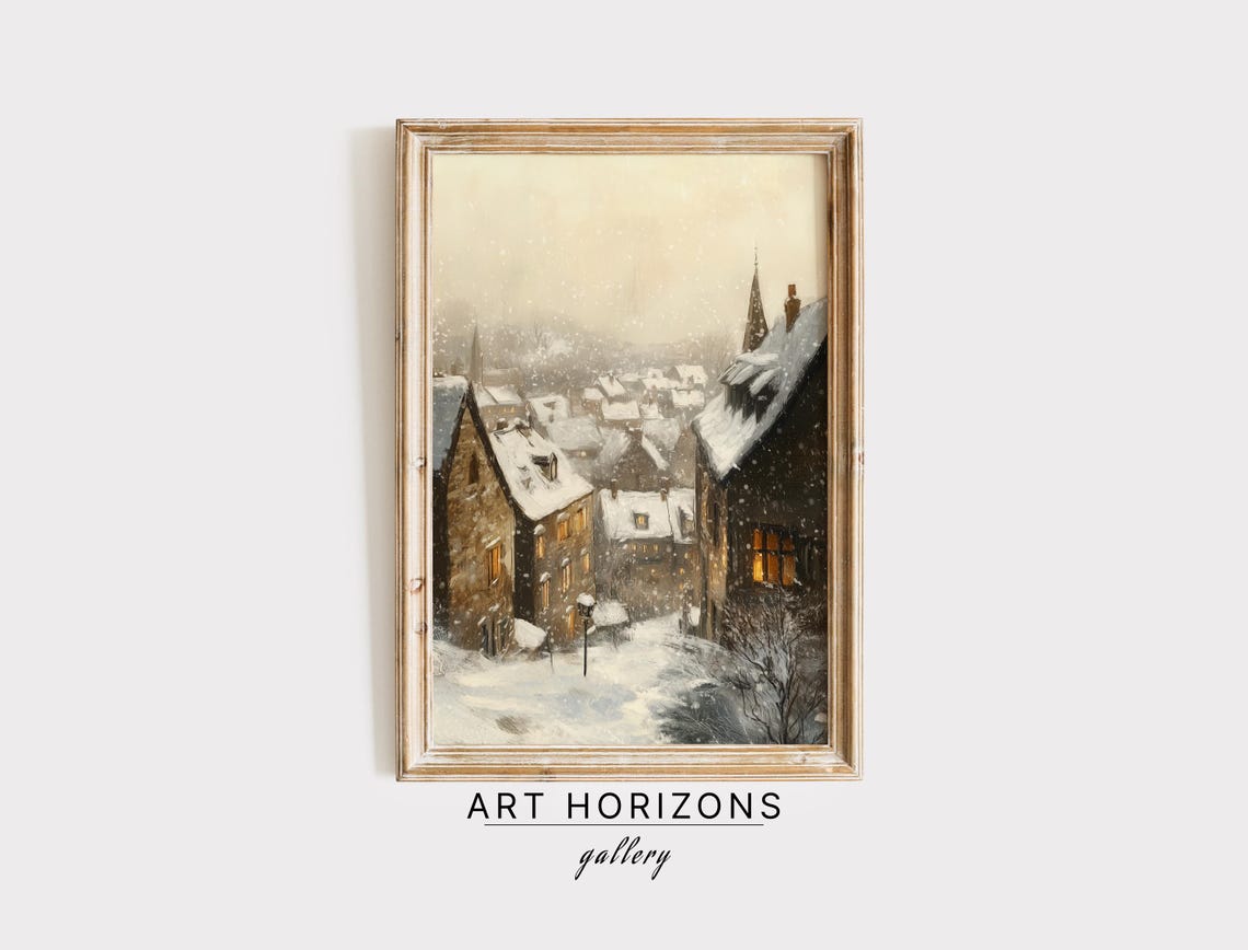 Snowy Street Of An Old Village Art Vintage Style Oil Painting Antique Winter Wall Art Rustic Cottagecore Holiday Decor Art A186