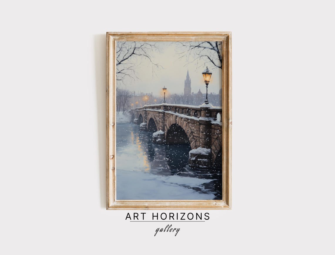 Snowy Stone Arch Bridge Frozen River Glowing Lamps Winter City Poster